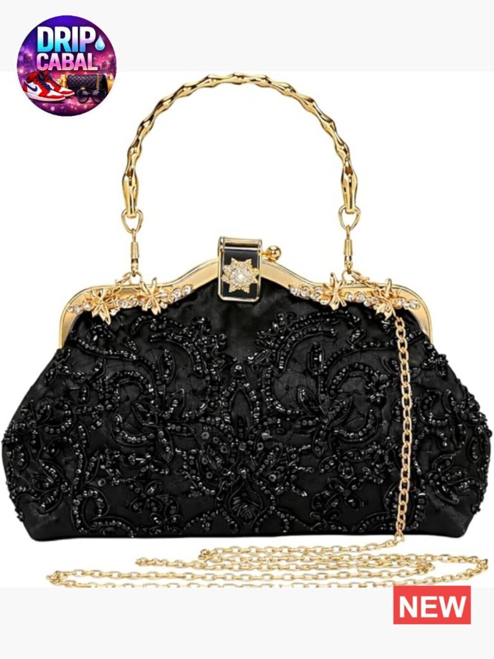Satin Beaded Evening Clutch with Detachable Chain Strap Top Handle